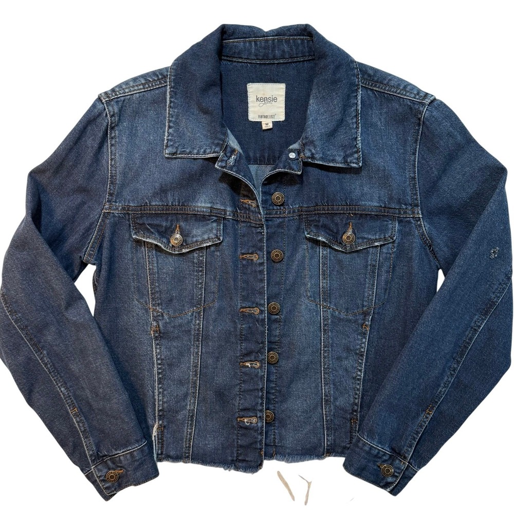 Kensie Jeans Vintage Luxe Womens Denim Jacket Dark Wash Raw Hem Blue Size M W98
